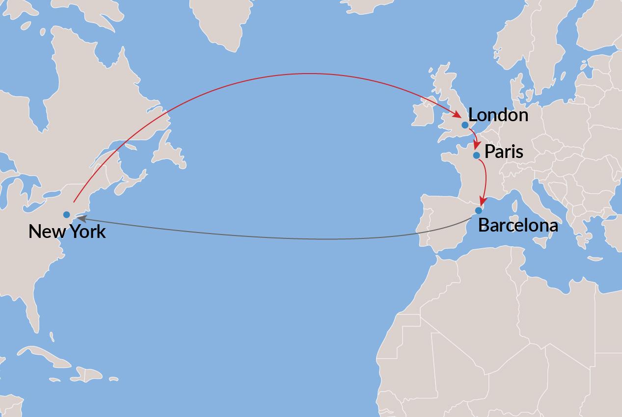 New York-London-Paris-Barcelona-New York (All Nonstop) - Economy