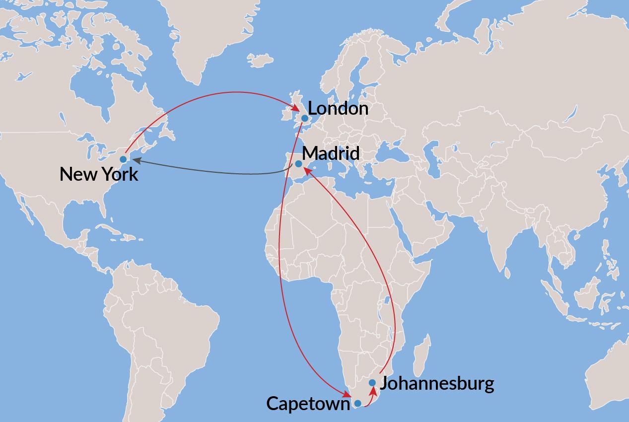 New York-London-Capetown-Johannesburg-Madrid-New York (All Nonstop) - Economy