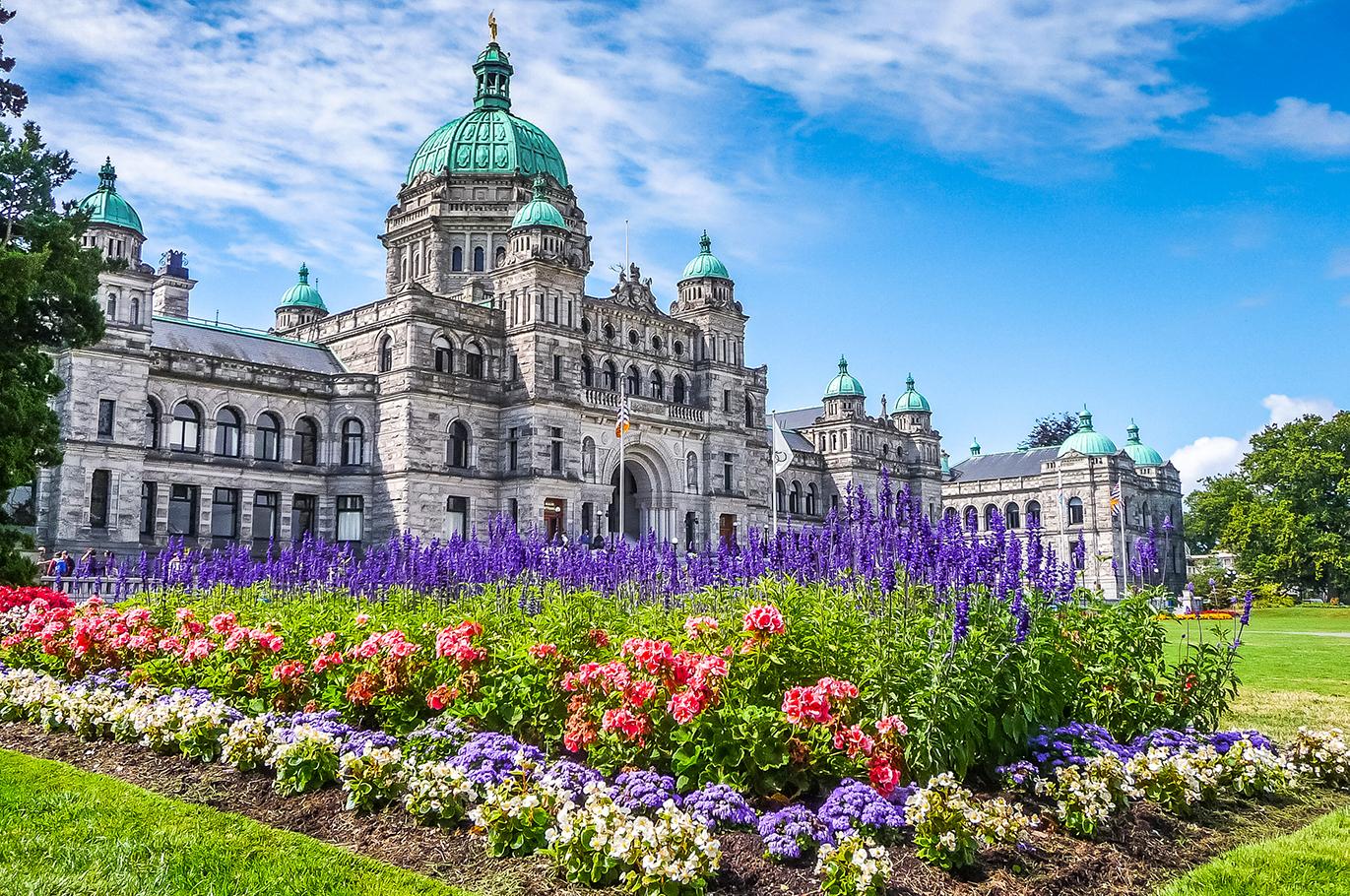 Views of the Parliament Building and flowers in Victoria British Columbia