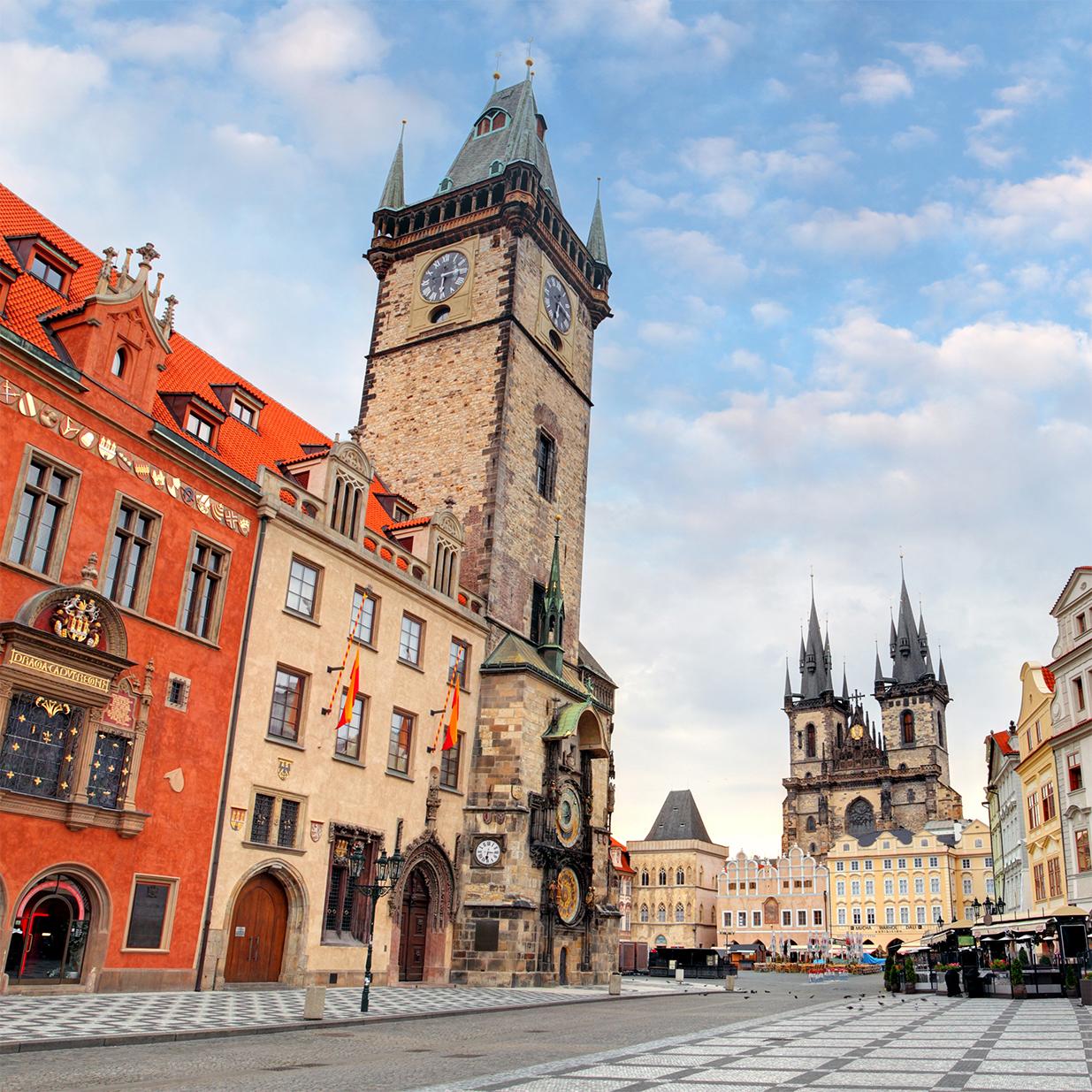 View of the old town hall tower in Prague with Czech Republic vacation packages