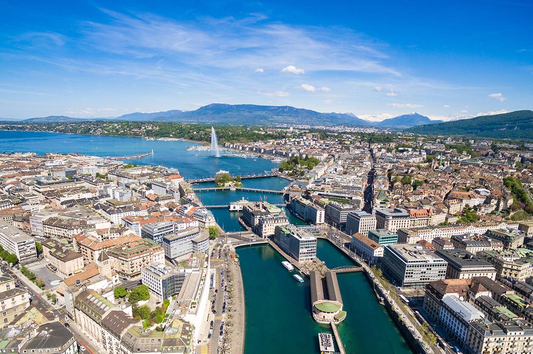 Views of the alps coastline on Lake Geneva Switzerland