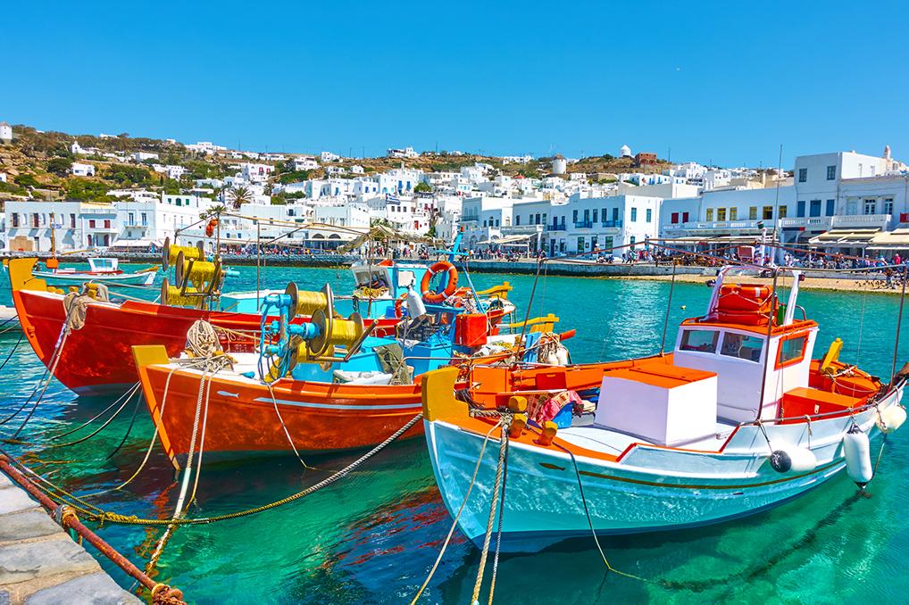 Colorful boats in the harbor of Mykonos