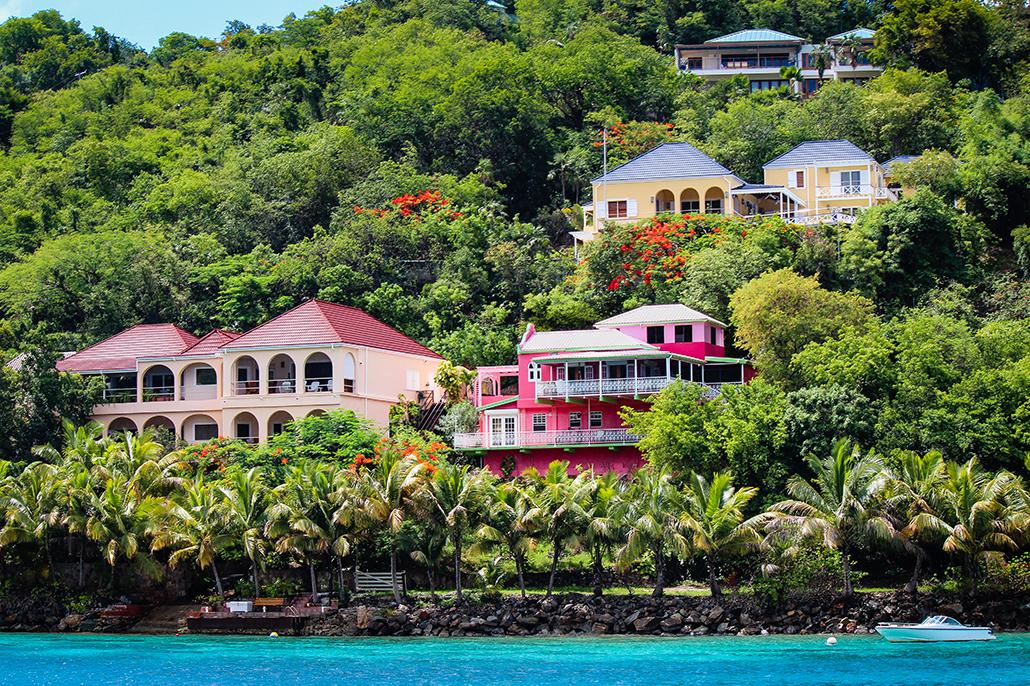 Beautiful colored homes overlooking the water on Tortola’s coastline