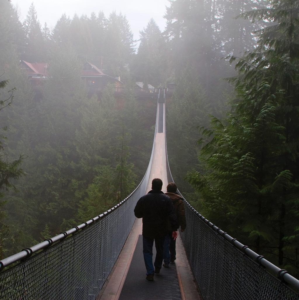 People walking on a suspension bridge over trees in Vancouver